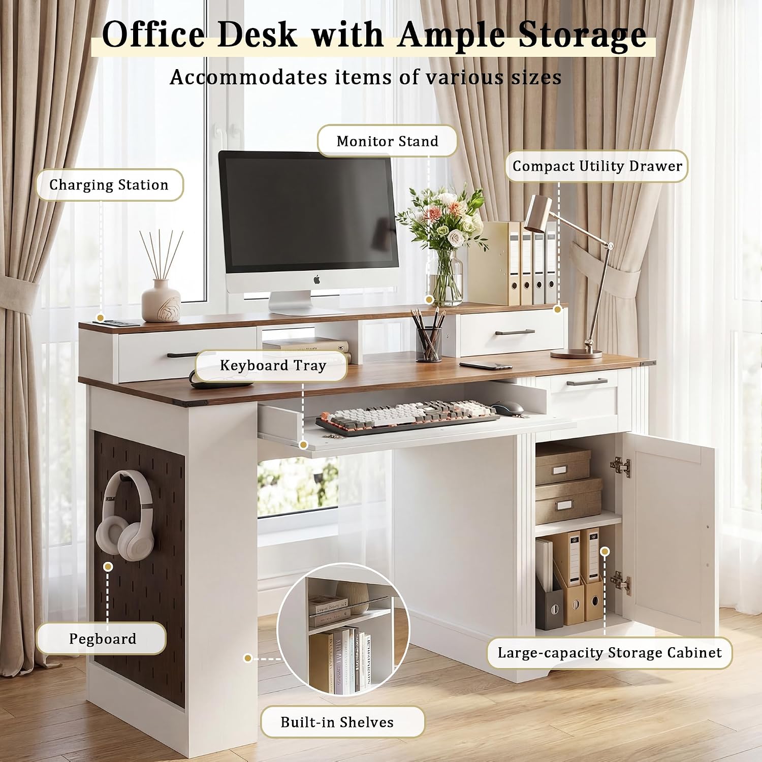 RiteSune 55' Farmhouse Computer Desk with Power Outlets, Removable Monitor Stand with Drawers, Keyboard Tray & Storage Cabinet, Home Office Writing Desk with Pegboard Organizer