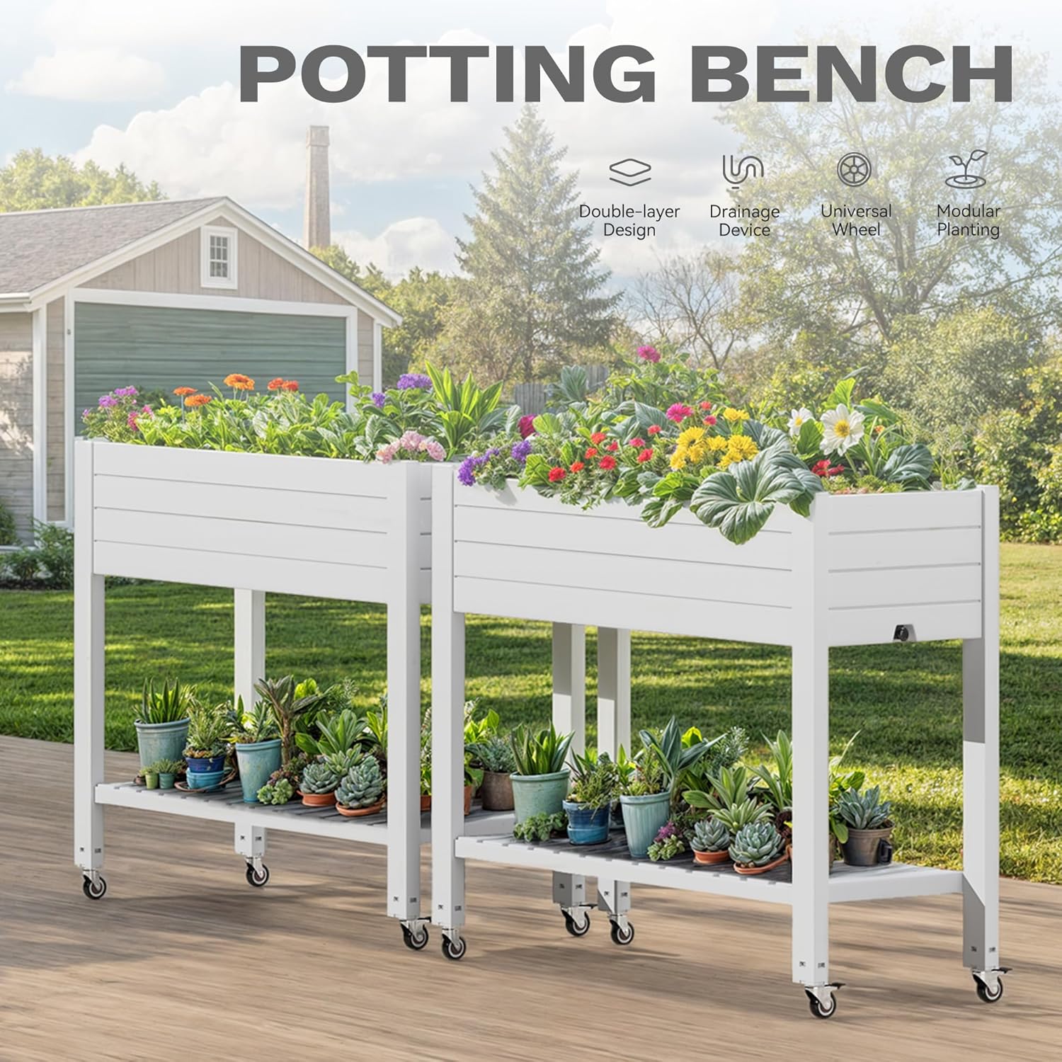 DWVO Raised Garden Bed Kit, 3.6 x 1.5 x 2.8 FT Outdoor Plastic Planter Box with Wheels and Legs, Garden Box with Drain Plug & Storage Shelf for Planting Vegetables, Flowers, and Herbs, Grayish-White