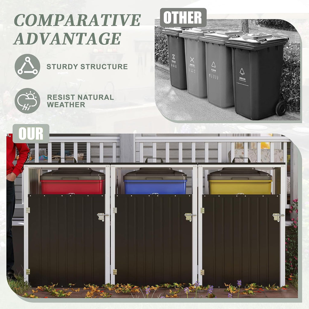 KEIKI 83 Cu.Ft Metal Outdoor Trash Can Storage Shed for 3 Bins, Garbage Bin Enclosure with Pneumatic Lid & Double Chain Design, Outdoor Storage for Garden, Patio & Lawn, Dark Gray
