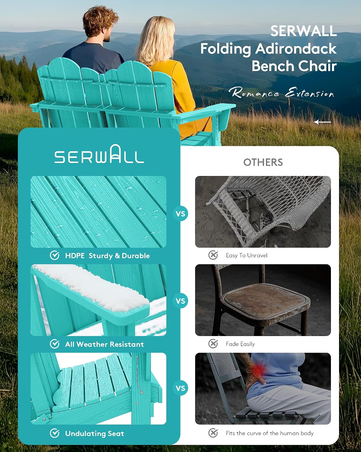 SERWALL Folding Adirondack Bench, HDPE All-Weather Adirondack Loveseat, 660 lbs Capacity, Foldable Outdoor Patio Bench for Deck, Lawn, Garden, Aruba