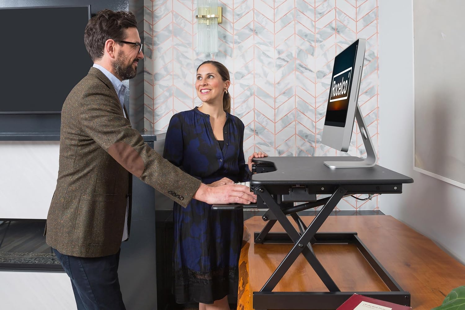 Rocelco 40' Height Adjustable Standing Desk Converter with AC Outlet USB Charger and Anti-Fatigue Floor Mat - Sit Stand Up Tabletop Riser - Sliding Keyboard Tray - Black (R DADRB-40-ACUSB-MAFM)