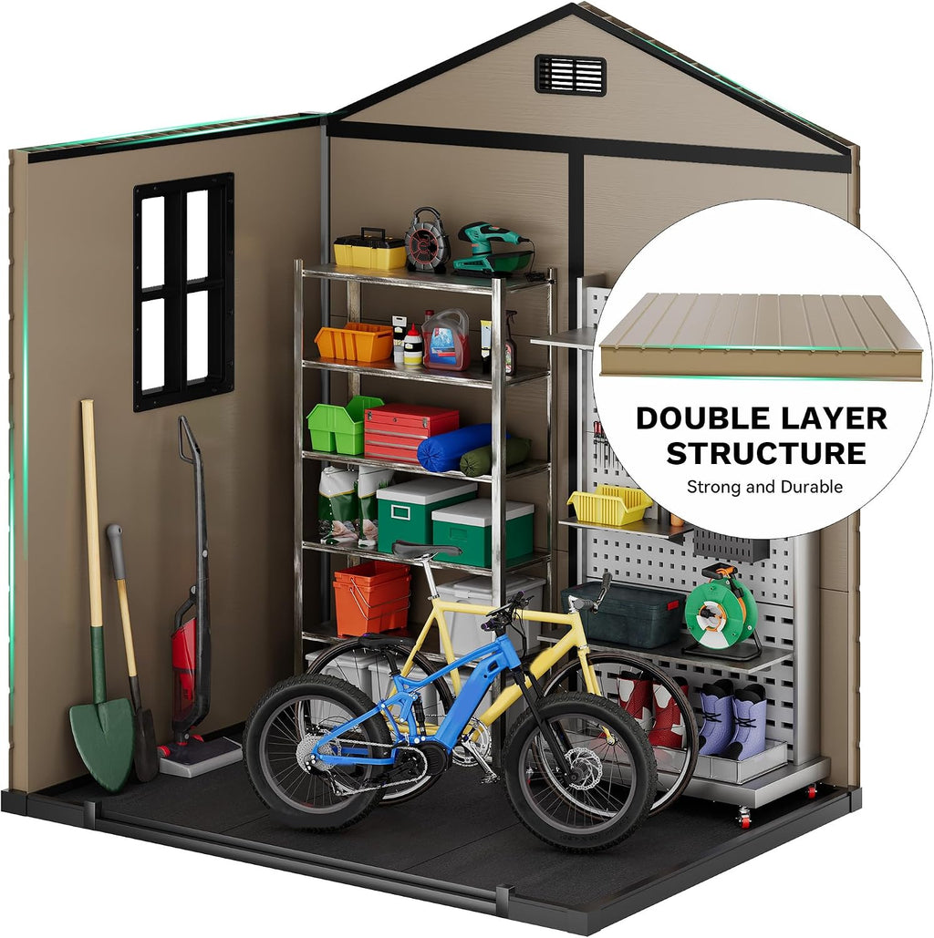 DWVO Outdoor Storage Shed, All-Weather Resin Plastic Storage Shed with Windows, Slanted Roof, Raised Floor, Capacity for Garden Tools & Equipment, Ideal for Backyard & Garden