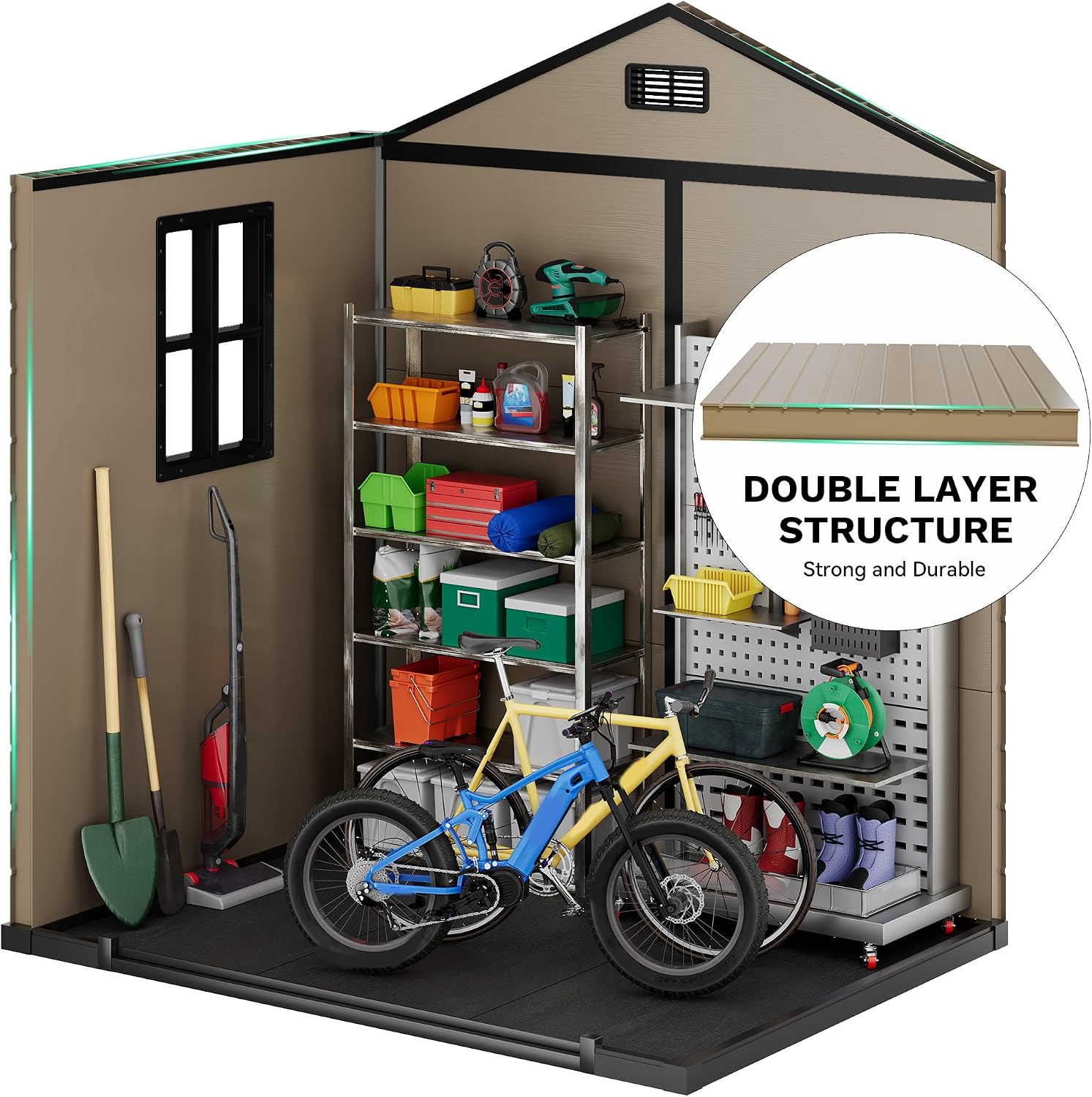DWVO Outdoor Storage Shed, All-Weather Resin Plastic Storage Shed with Windows, Slanted Roof, Raised Floor, Capacity for Garden Tools & Equipment, Ideal for Backyard & Garden