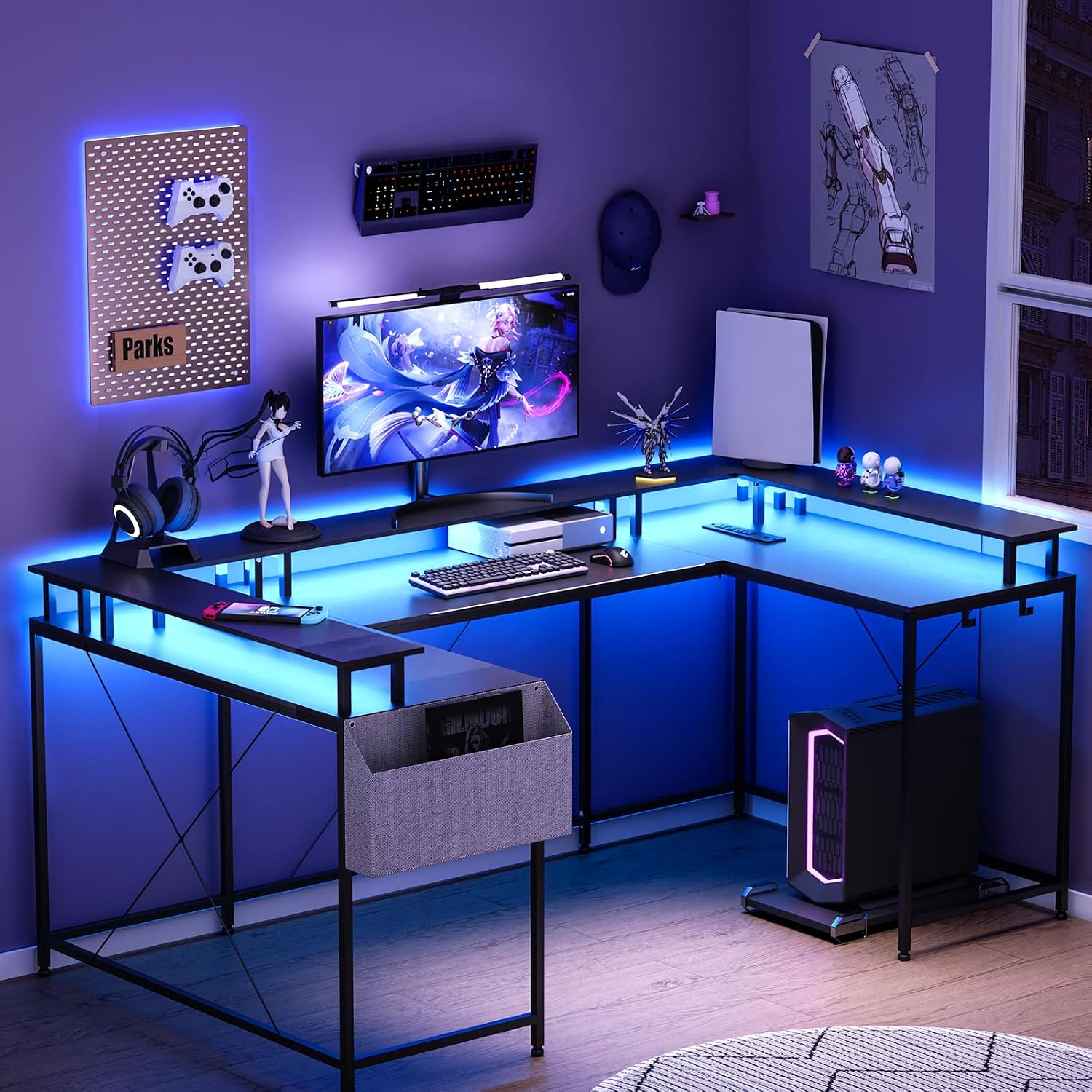 U Shaped Gaming Desk, 79' Reversible U Shaped Desk with Power Outlets, LED Lights, Monitor Stand & Storage Shelves, Corner Office Desk for Home Office, Gaming, Workstation (Black Willow)