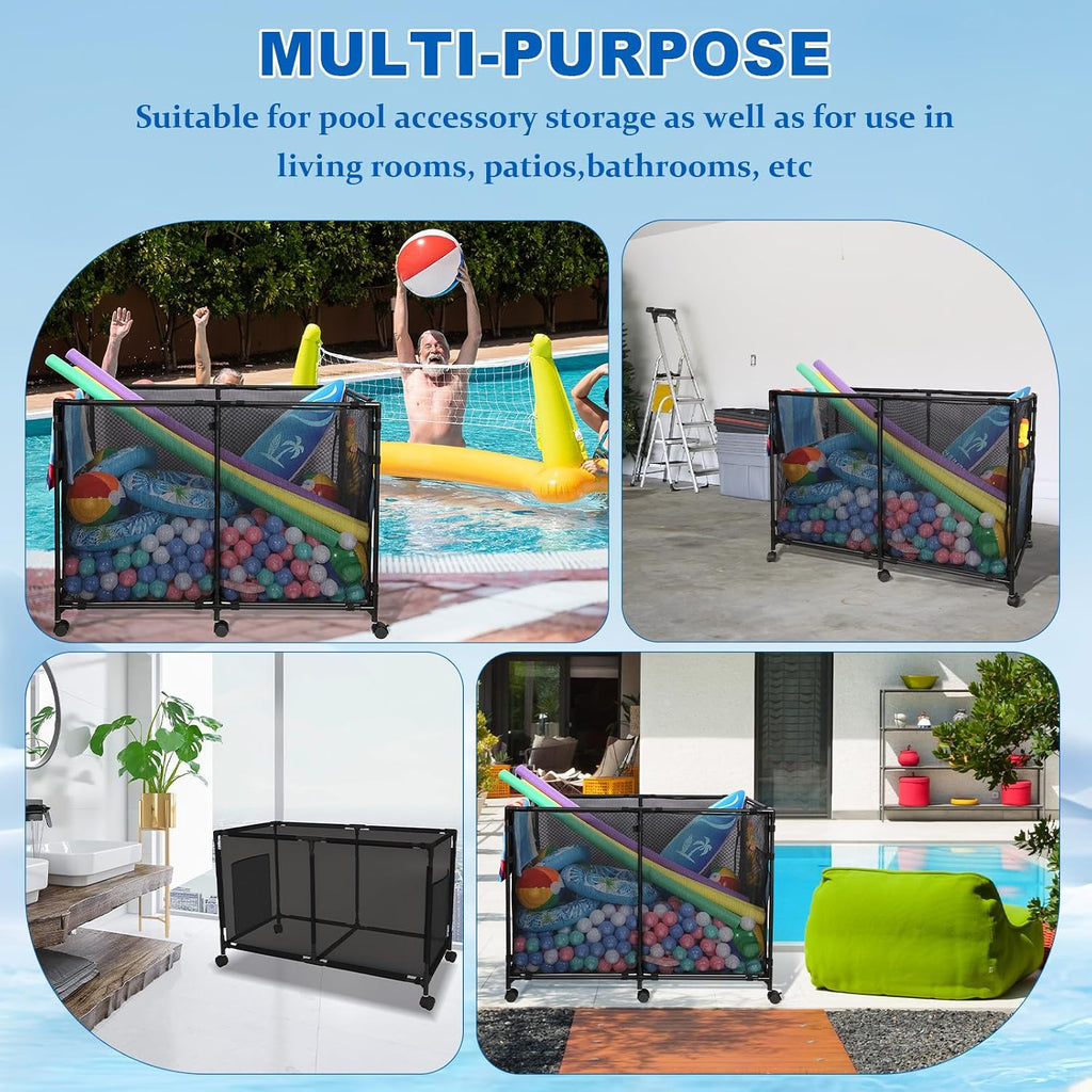 152Gal pool toy storage, outdoor toy pool storage Use,pool float storage for Holds Floats, Swim Rings & More, 360° Wheels & Sunproof Mesh, Metal Frame(M)