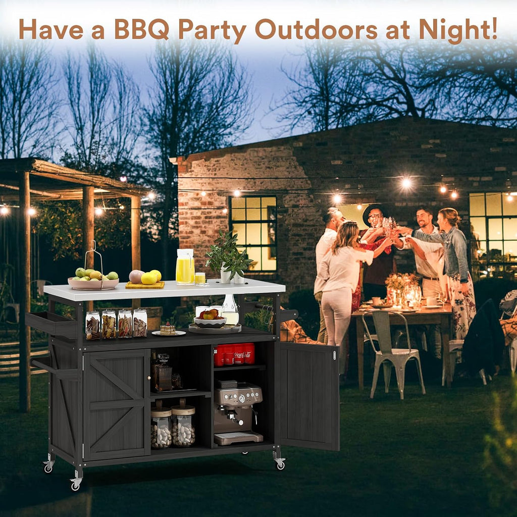 Zevemomo Outdoor Grill Cart, Stainless Steel Tabletop Outdoor Kitchen Island, Solid Wood Outdoor Buffet Cabinet with Lockable Wheels for Grilling, Black