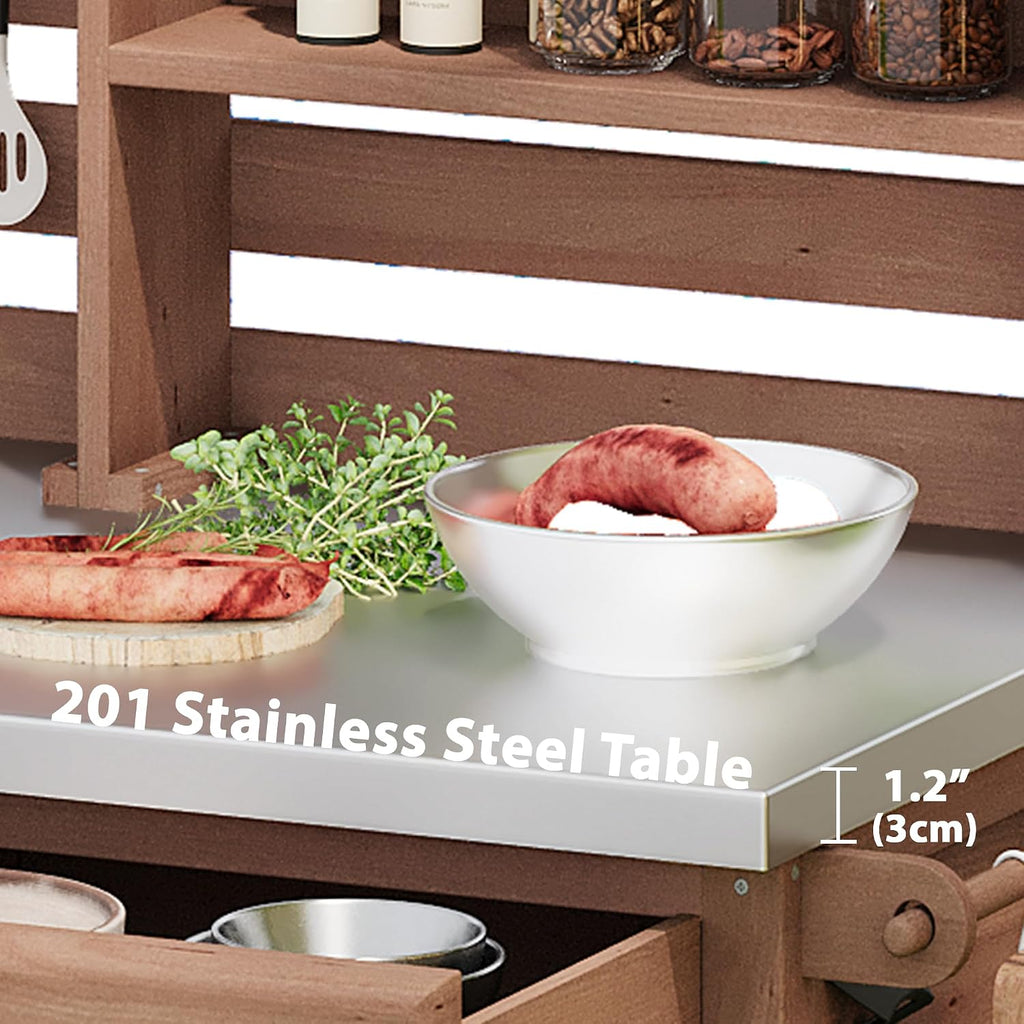 64.9'H Outdoor Potting Bench Table, Outdoor Wood Workstation Table with Lockable Wheels, Stainless Steel Top, Towel Rack, Solid Wood Outdoor Kitchen Island with Upper Hutch for Grilling, Lawn Garden