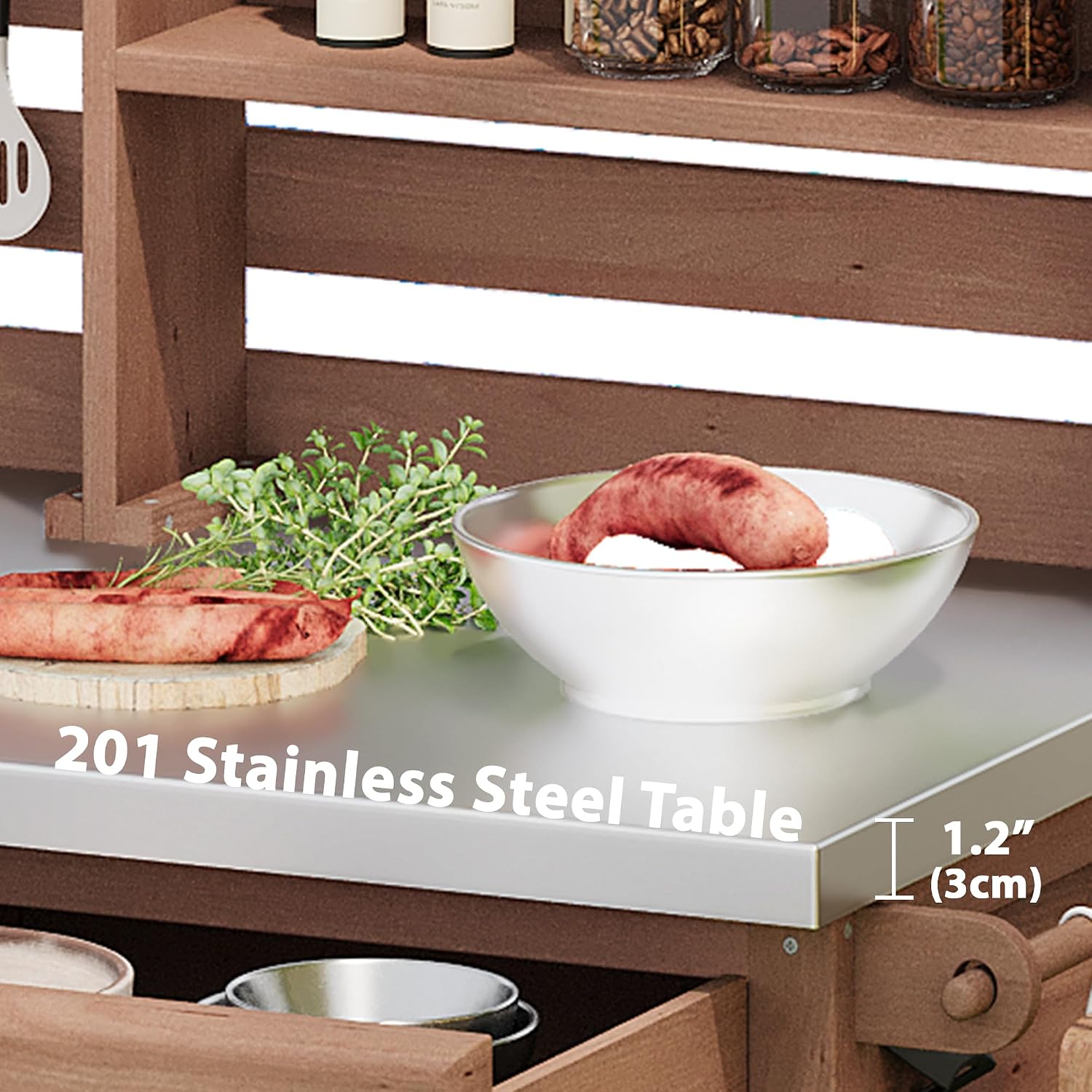 64.9'H Outdoor Potting Bench Table, Outdoor Wood Workstation Table with Lockable Wheels, Stainless Steel Top, Towel Rack, Solid Wood Outdoor Kitchen Island with Upper Hutch for Grilling, Lawn Garden