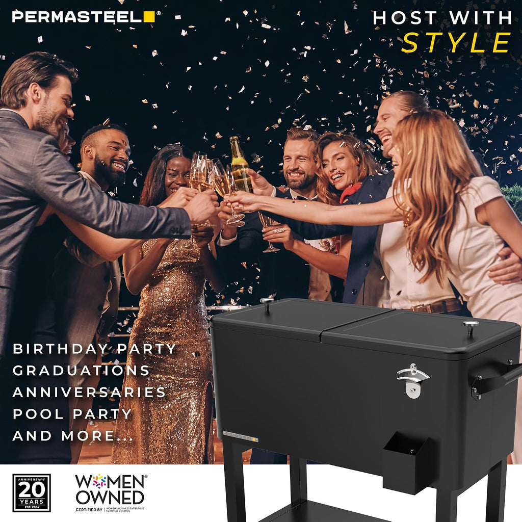 Permasteel Party Cooler with Divider, Removable Basin, Spacious 80-Qt Capacity, Chills 36hrs, Serving Tray, Rolling Ice Chest for Indoor & Outdoor