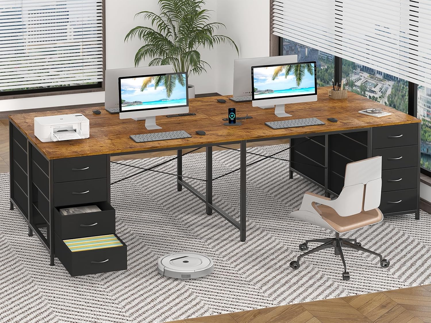 YOMILUVE 95'' Two Person Desk with 8 Drawers, Long Office Desk with Charging Station, 2 Person Desks Double Desk Writing Study Table for Home Office, Brown and White, Brown and Black