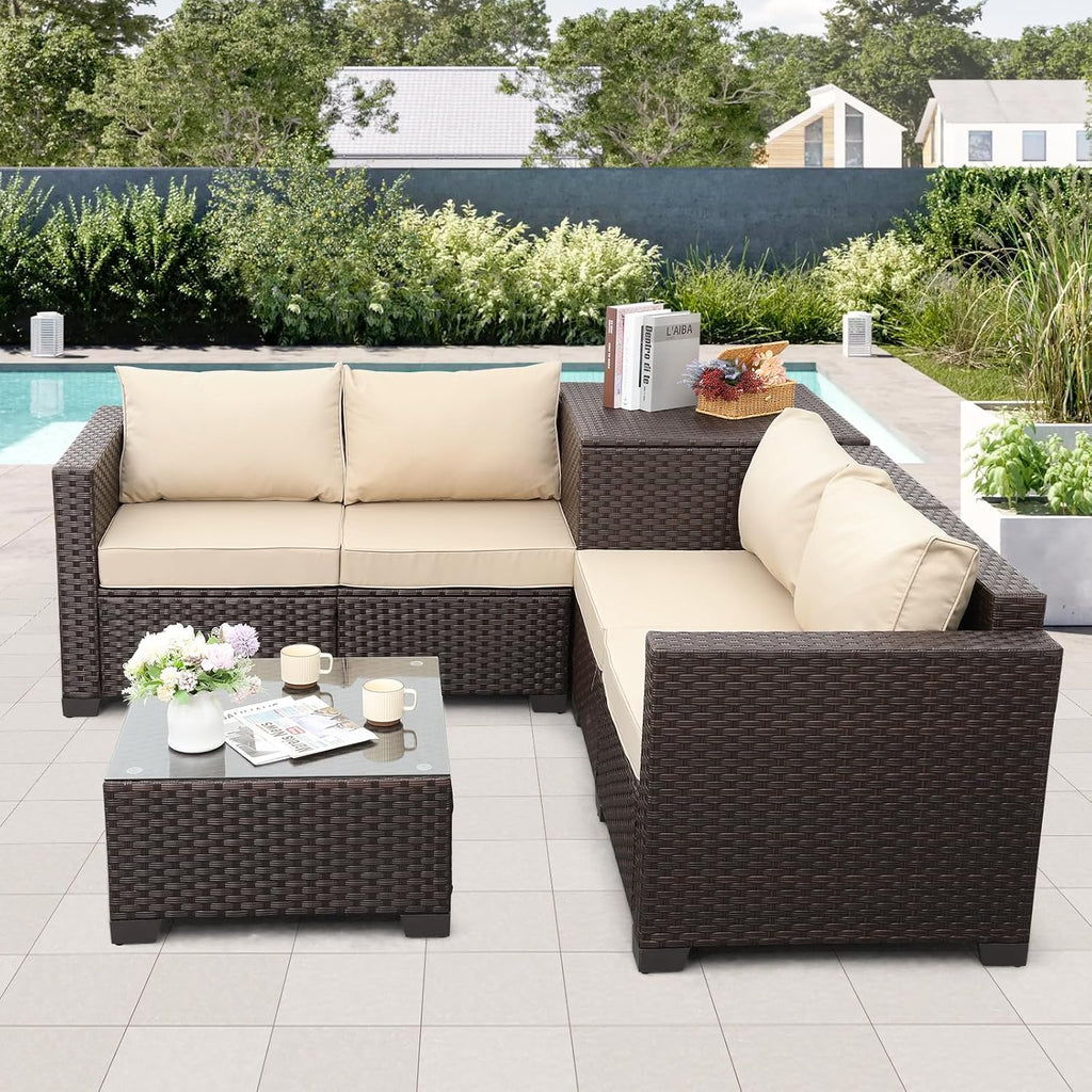 Valita Wicker Patio Furniture Set 4 Pieces Outdoor Sectional Conversation Sofa Set with Storage Box and Glass Table with Cushions and Furniture Covers, Khaki