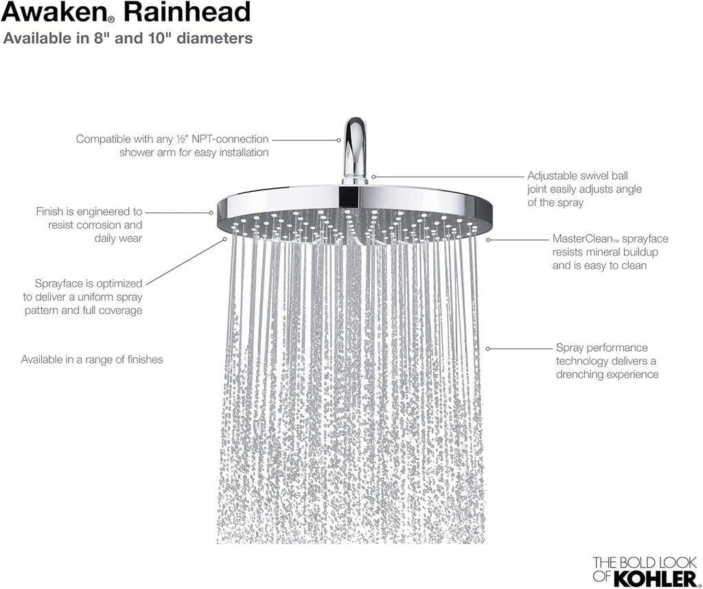 KOHLER 76464-G-BN Awaken 8 Inch Single-Function Rain SHOWERHEAD, 8' Fixed Round Rainfall SHOWERHEAD, 1.75 GPM, Vibrant Brushed Nickel