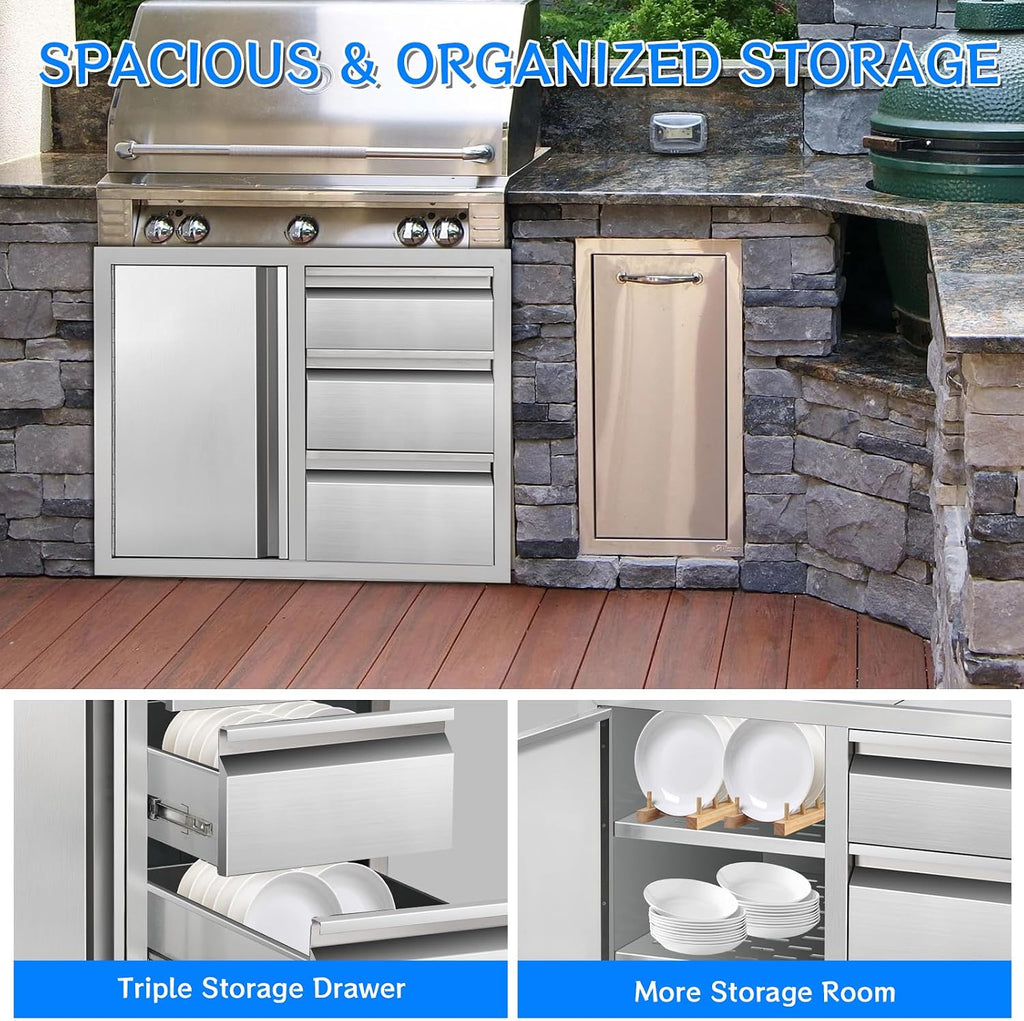 Outdoor Kitchen Drawer Combo Cabinet, Stainless Steel Triple Drawers with Integrated Access Door, 28' W x 22' H x 19.5' D Outdoor Built-in Cabinet for BBQ Island Grill Stations