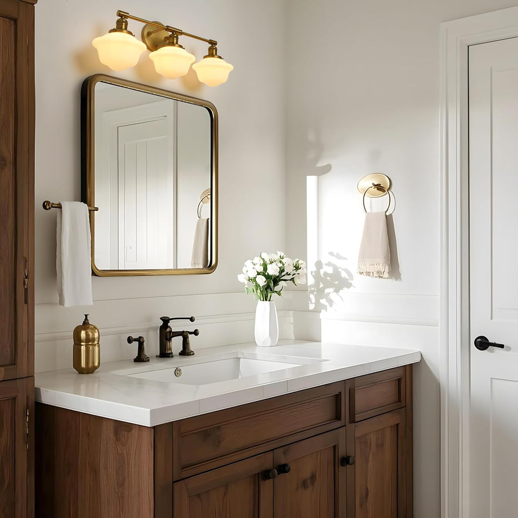 Pathson Milk White Glass Bathroom Wall Sconce Lights, 3-Light Hardwired Wall Vanity Lamps for Living Room Vintage Home Decor, E26 Base