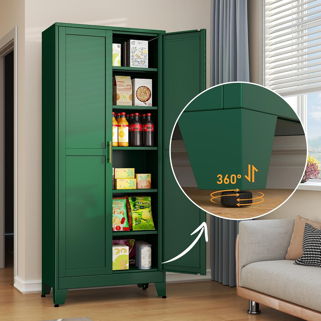 Green Metal Storage Cabinet,75' Steel Cabinets for Home Office, Kitchen Pantry Storage Cabinet with Doors and 5 Adjustable Shelves, Tool Cabinets, for Office, Home, Garage, School