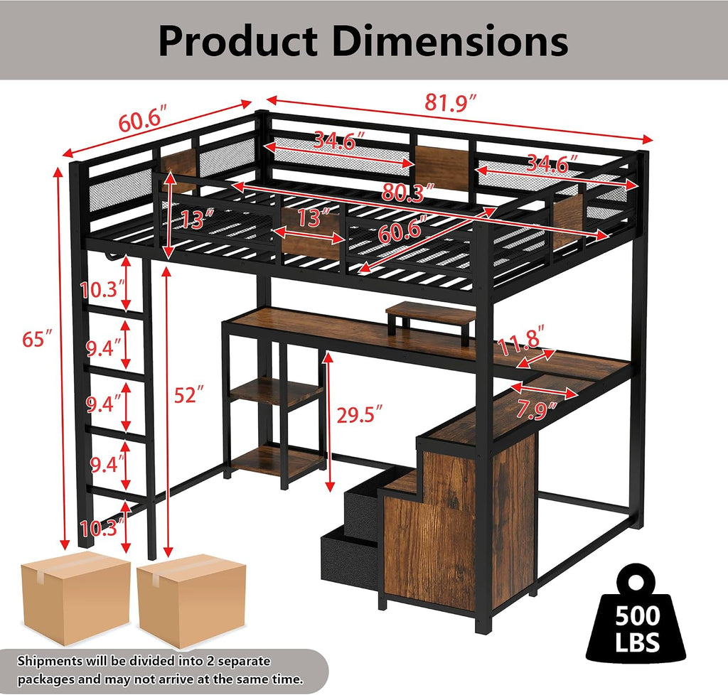 Bellemave Queen Loft Bed with Storage Drawers and L-Shaped Desk, Metal Loft Bed Frame with Computer Monitor Stand, Hang Rod, and Multi-Function Shelves, Loftbed with Noise-Free Design, Black