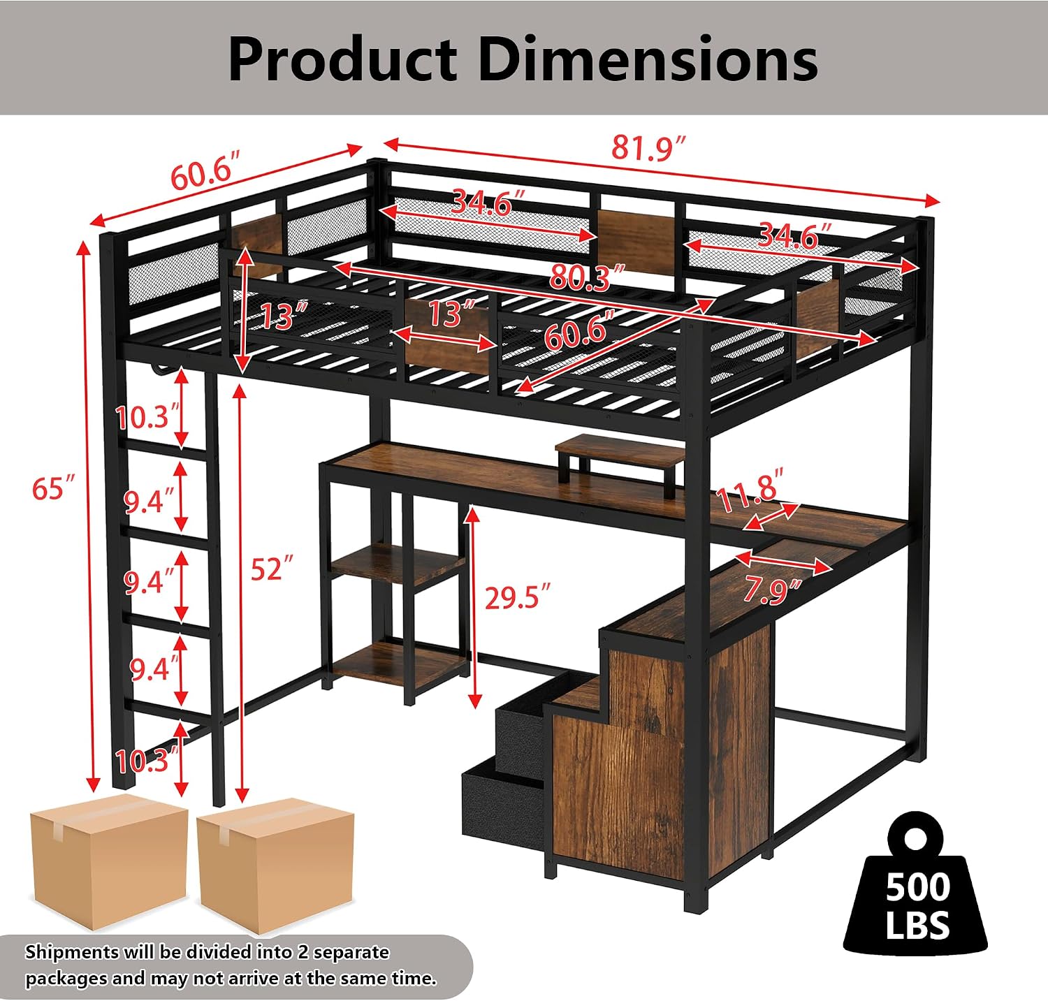 Bellemave Queen Loft Bed with Storage Drawers and L-Shaped Desk, Metal Loft Bed Frame with Computer Monitor Stand, Hang Rod, and Multi-Function Shelves, Loftbed with Noise-Free Design, Black