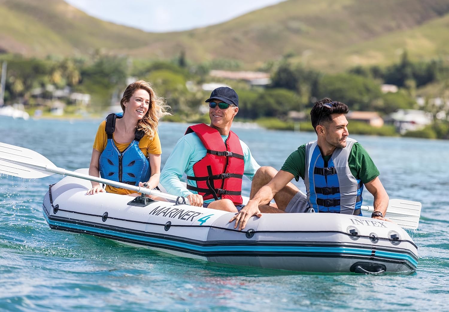 INTEX Mariner Inflatable Boat Series: Includes Deluxe Boat Oars and High-Output Pump – SuperTough PVC – Wear-Resistant Keel – Removable Fishing Rod Holders – Heavy Duty Grab Handle
