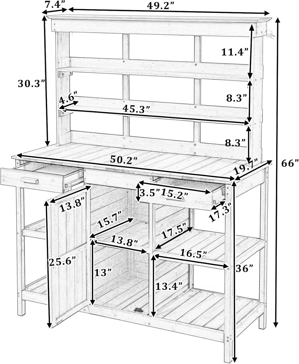 Polibi Potting Bench Table with 4 Open Shelves and 2 Drawers, 66' Large Farmhouse Wooden Outdoor Patio Workstation, Garden Potting Bench with Cabinet for Backyard, Mudroom (White, 66')
