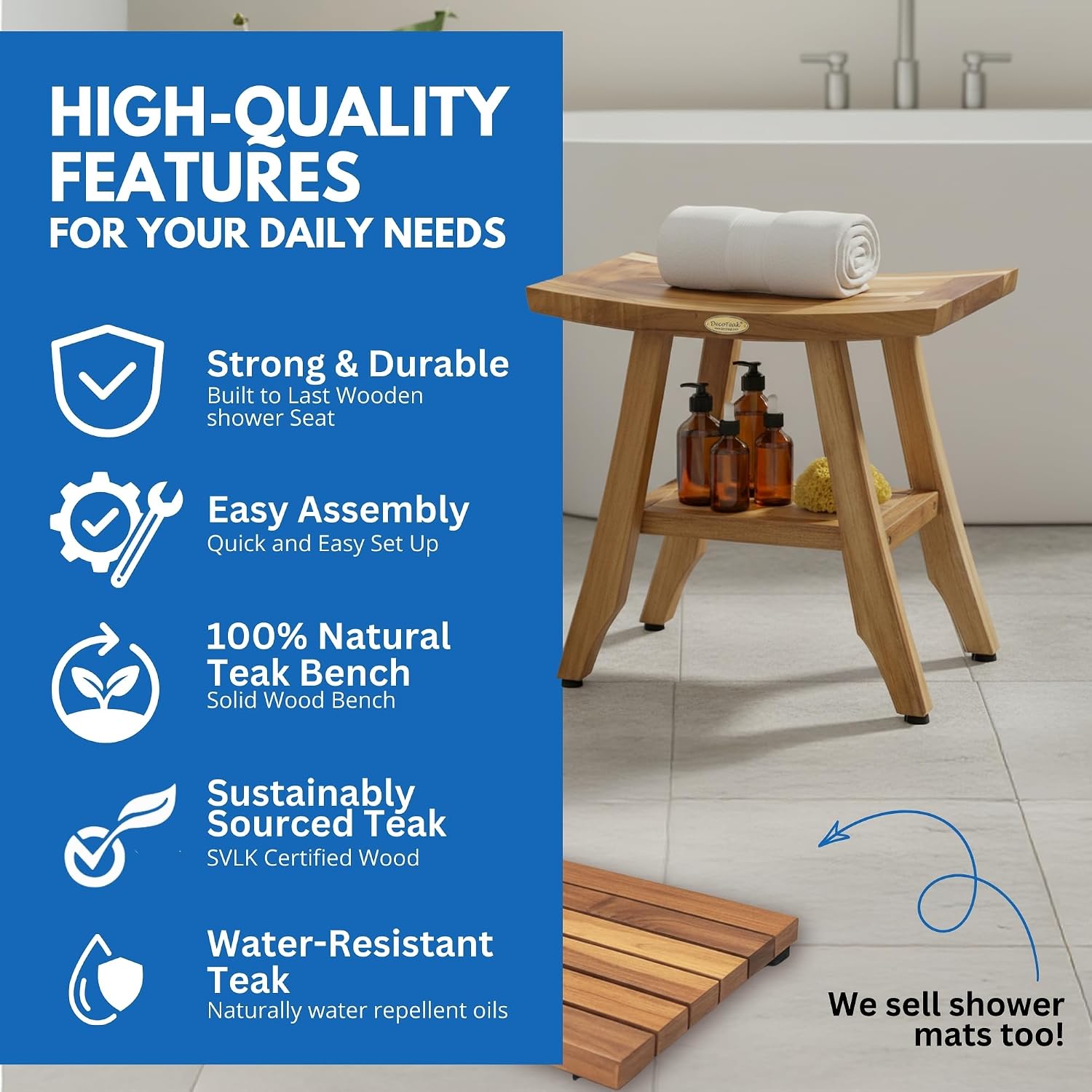 EcoDecors Fully Assembled, Satori 18' Teak Shower Bench, Wooden Shower Bench, Shower Stool, Compact Fit for Small Bathrooms & Walk-in Showers – Slip-Resistant Feet, Sauna Bench, Shower Stool Wood