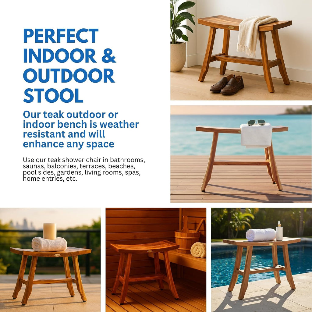 EcoDecors 24 Inch Satori Natural Teak Waterproof Teak Wood Shower Bench Stool Seat Chair for Inside Shower Provides Safety, Storage, and Organization for Bathroom Accessories