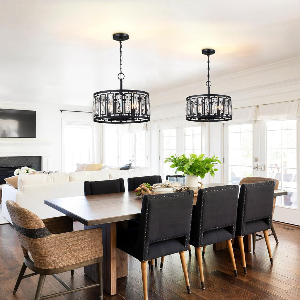 Modern Crystal Chandeliers, 4 Lights Matte Black Pendant Lighting Fixture for Dining Room Adjustable Hanging Ceiling Light for Kitchen Island