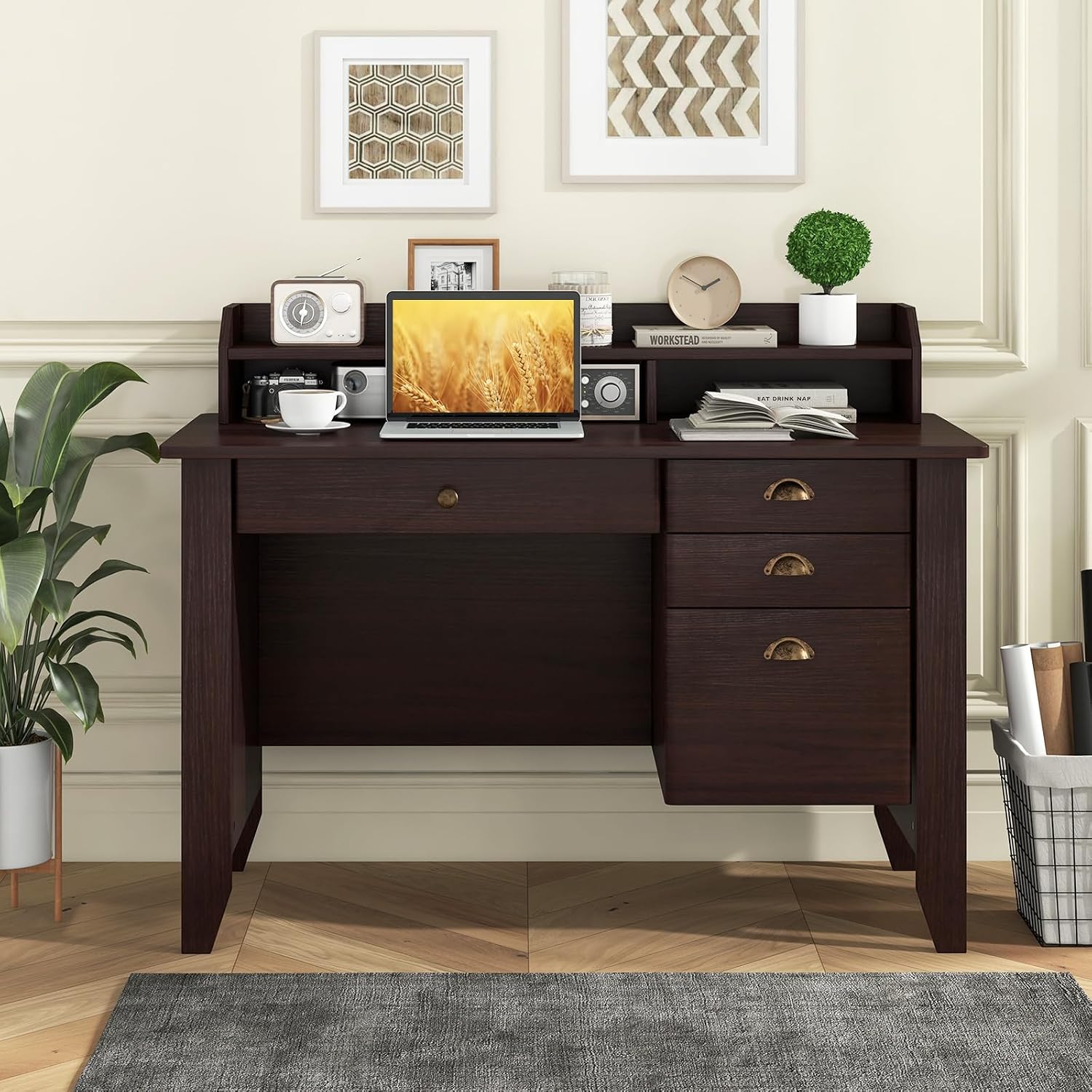 48' Vintage Computer Desk with 4 Storage Drawers & Top Hutch, Home Office Workstation with Drawer & Monitor Stand, Wooden Study Work Writing Table (Brown)