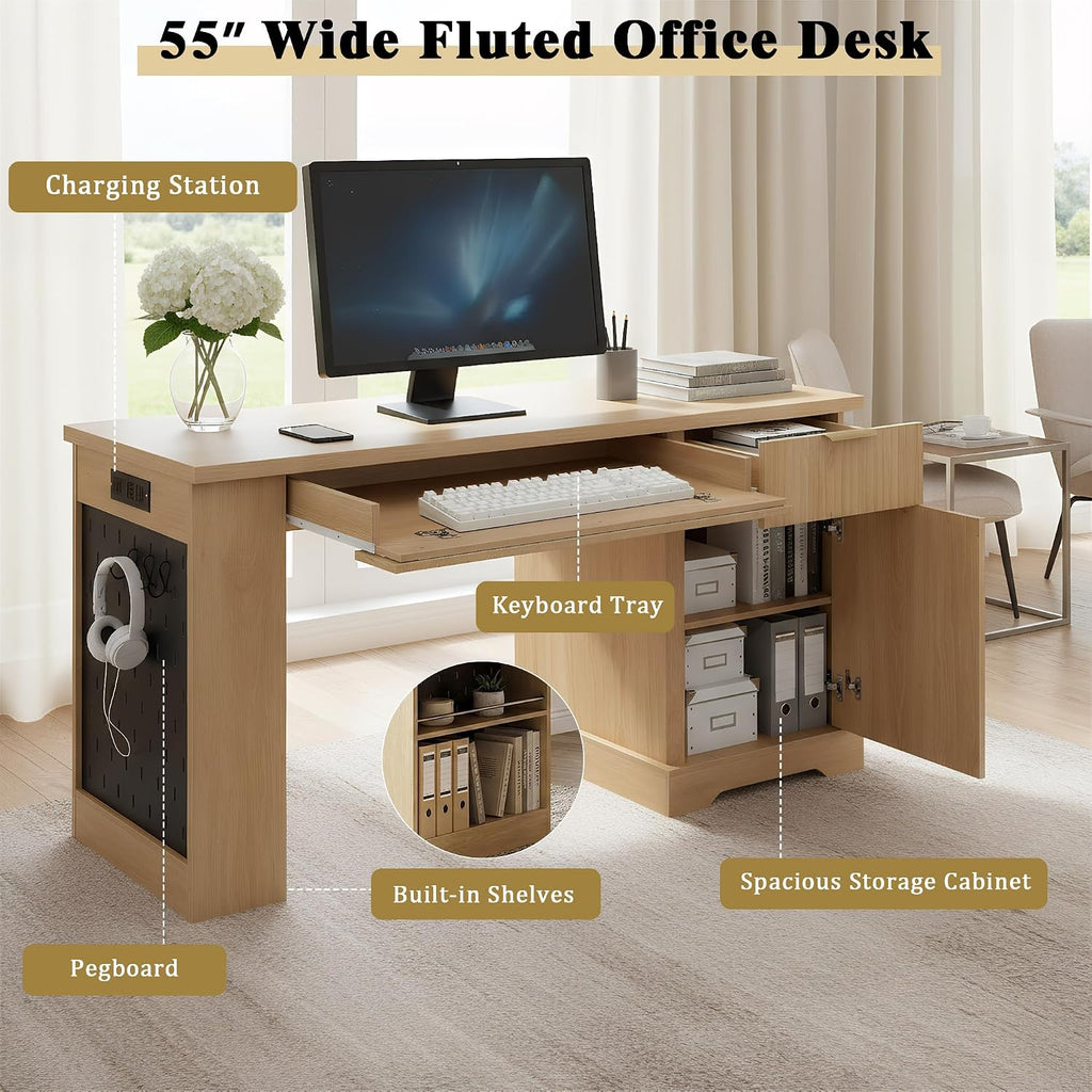 RiteSune 55' Office Desk with USB Charging, Fluted Computer Desk with Pegboard, Convertible Keyboard Tray & Adjustable Storage Cabinet, Modern Home Office Desk