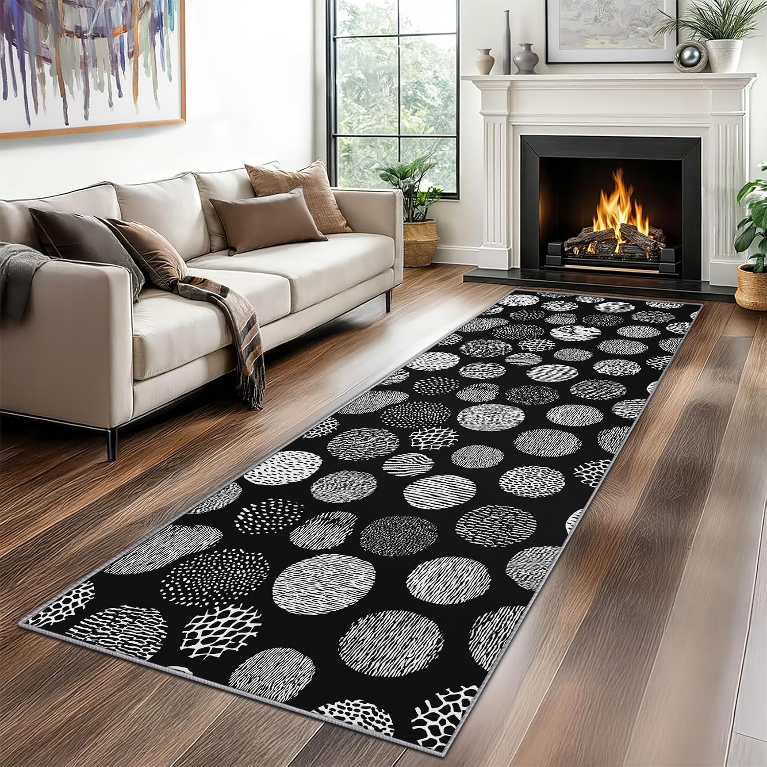 Polka Dot Runner Rug for Hallway - 4x12 Washable Rug Runner Non Slip - Geometric Modern Minimalist Kitchen Rugs - Black and White Dots Carpet Runners for Hallway, Laundry Room, Bedroom