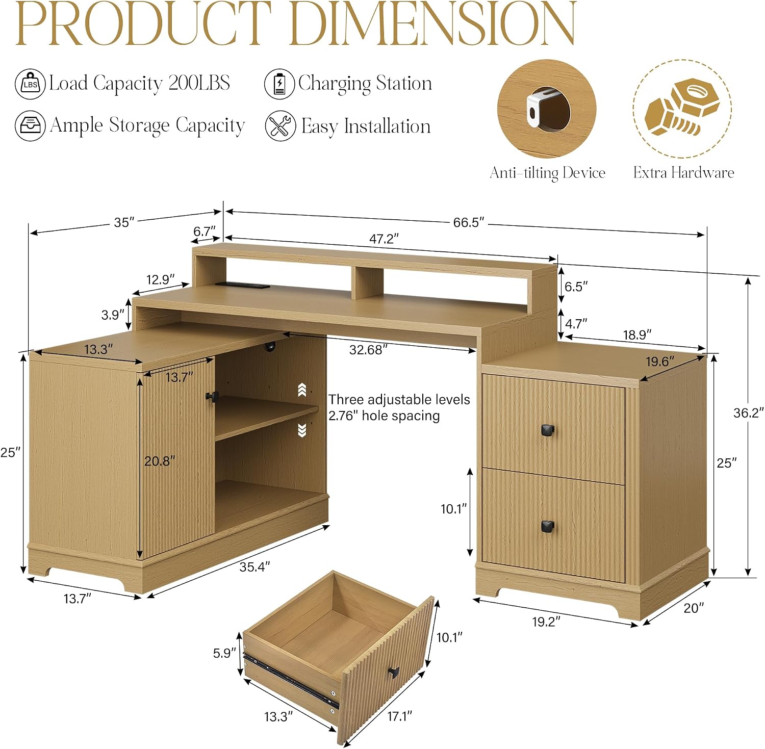 67' L Shaped Executive Desk with Drawers & Storage Shelf, Corner Computer Desk with Power Outlets, Home Office Desk with Monitor Stand, Printer Shelf, Computer Writing Desk for Work, Oak
