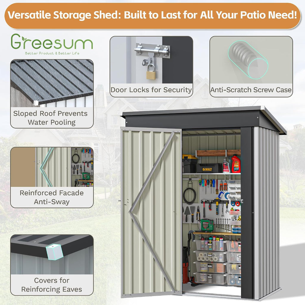 Greesum 5×3 FT Outdoor Storage Shed, Metal Storaged Sheds Without Floor, Tool Sheds with Lockable Doors and Sloping Roof for Garden, Patio, Backyard, White