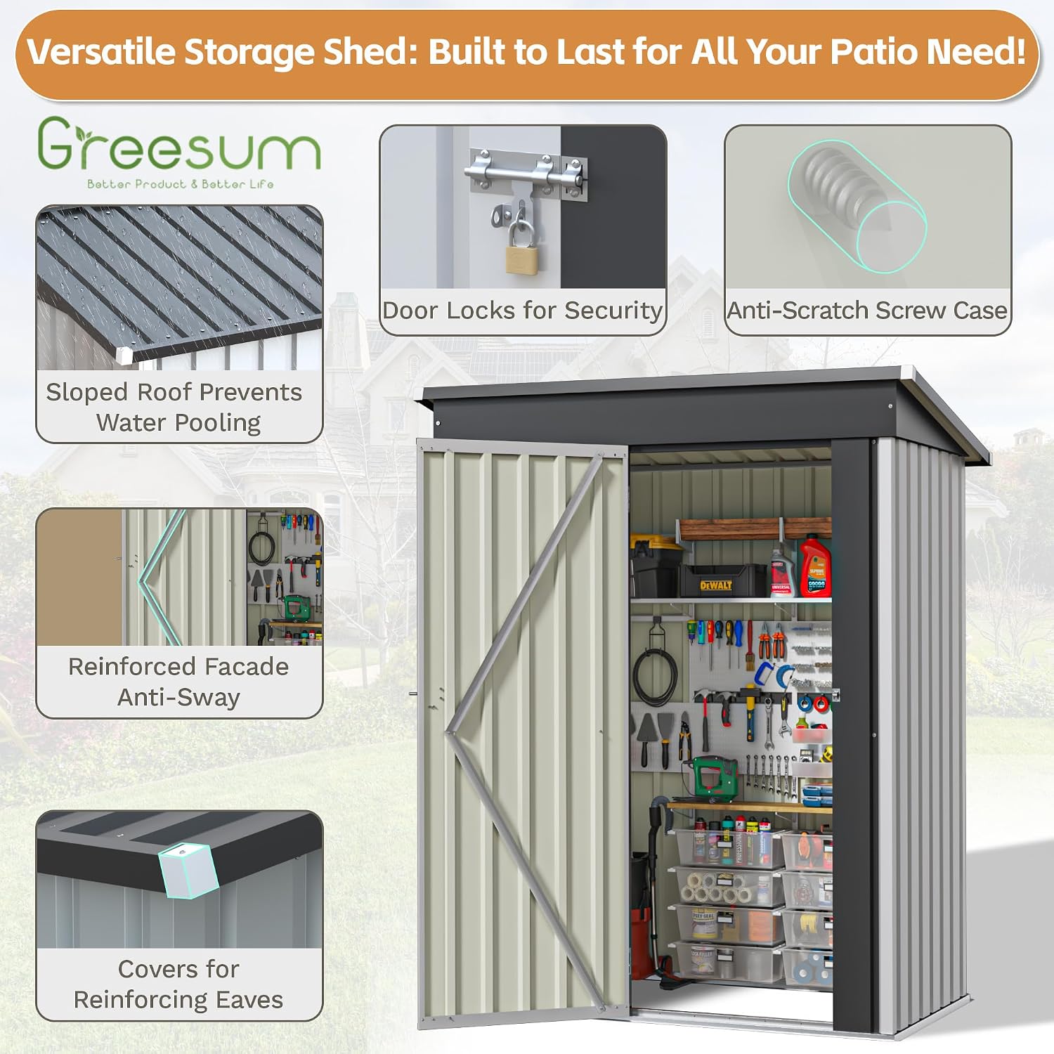 Greesum 5×3 FT Outdoor Storage Shed, Metal Storaged Sheds Without Floor, Tool Sheds with Lockable Doors and Sloping Roof for Garden, Patio, Backyard, White