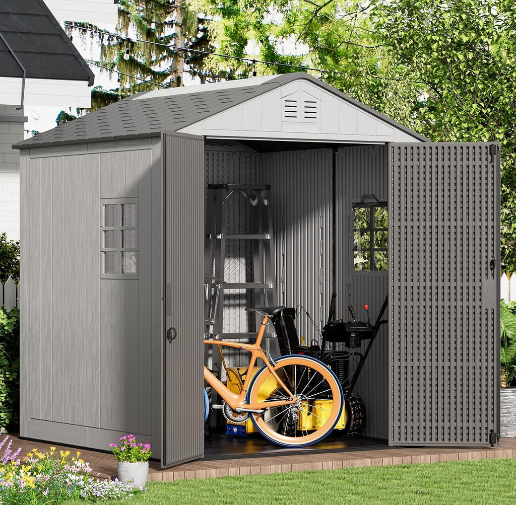 KINYING 6x6 FT Outdoor Storage Shed,Resin Clearance Outdoor Sheds with Floor,Weather Resistant Garden Tool Plastic Shed with Window for Backyard, Garden, Patio, Lawn,Lockable