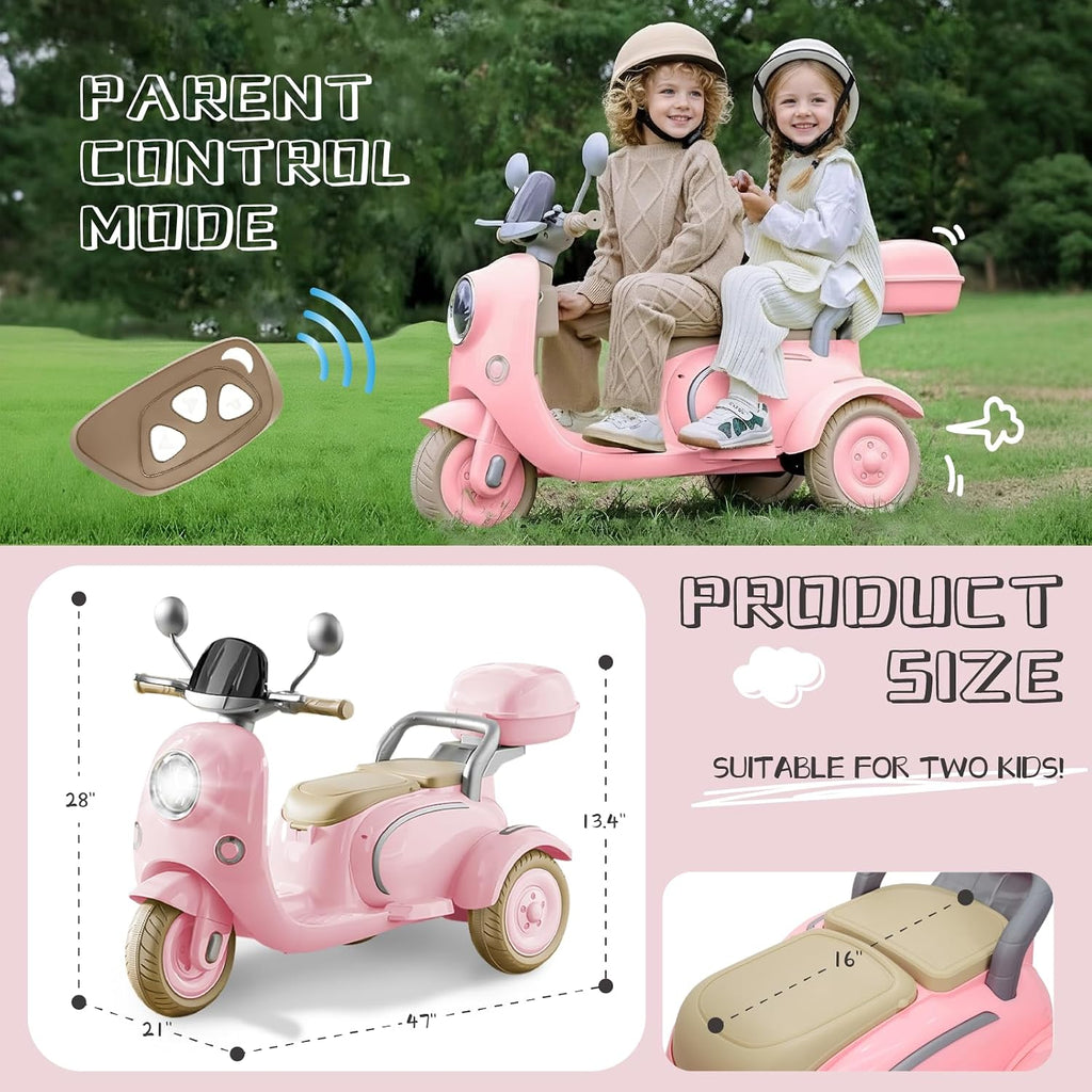 HEIMILI 12V 2-Seater Ride on Motorcycle for Kids, 3 Wheel Electric Motorbike with Dual 25W Motors, Toddler Moped Scooter with Bluetooth Music, Battery Powered Toy for Girls Boys 3-6 Years, Pink