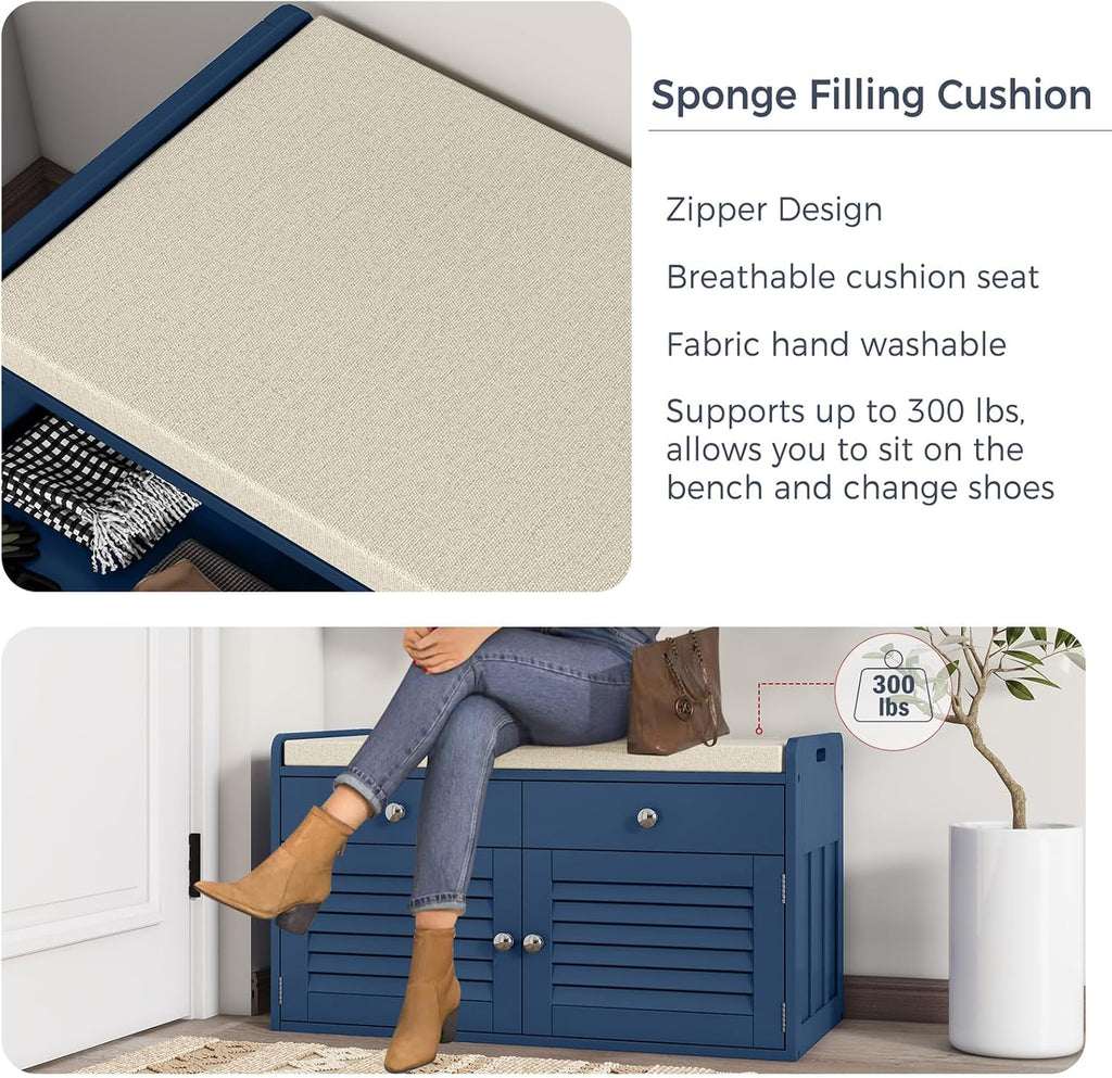 WARMHONIU Shoe Storage Bench with 2 Drawers, Entryway Bench with Cushion, Adjustable Shelves, Shoe Rack Bench with Louvered Doors for Entryway, Bedroom, Hallway, Blue