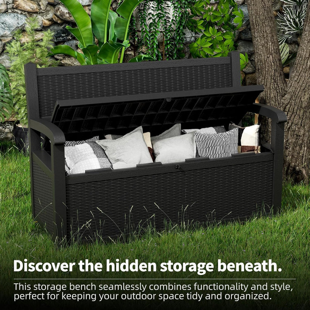 PatioZen 80 Gallon Outdoor Storage Bench Deck Box Waterproof Lockable,Outdoor Storage Furniture for Patio,Garden and Porch,Tools and Cushions（ Black）