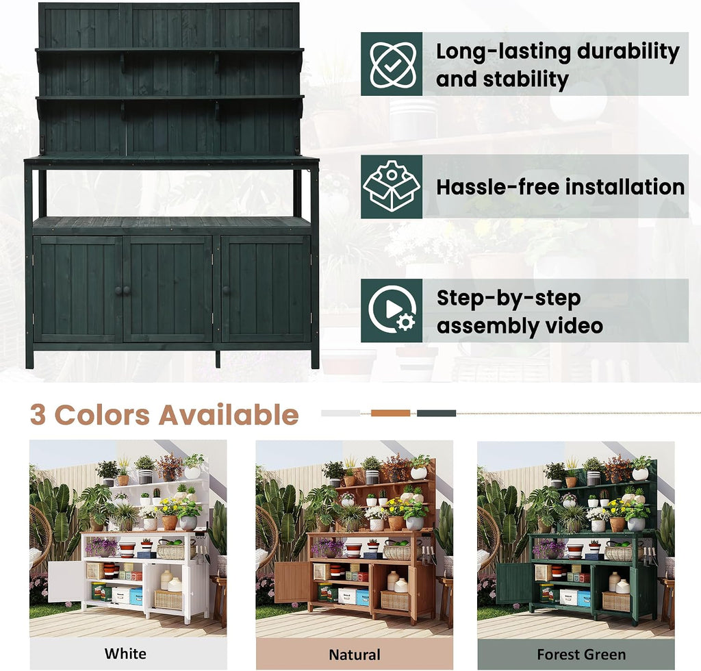 JIVOIT Outdoor Garden Potting Bench Table, 50.2' Solid Fir Wood Garden Workstation Work Bench, Outdoor Planting Table with Hutch, Large Countertop, 2 Shelves, 2 Cabinets, 3 Side Hooks
