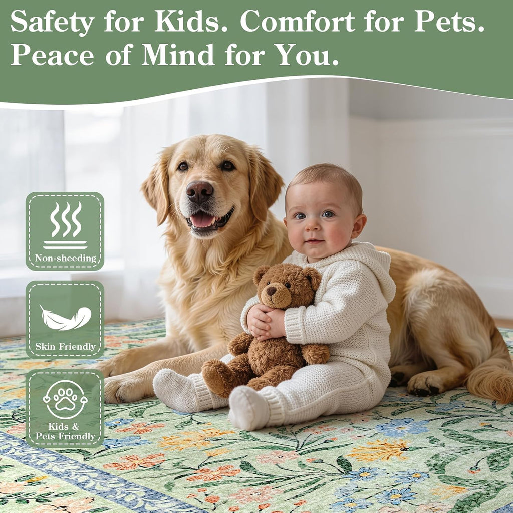 Morebes Washable Area Rugs for Bedroom 9x12, Boho Floral Rugs for Living Room Non Slip, Soft Thin Distressed Cottage Core Carpet for Nursery Girls Room Dinning Room Kids Playroom