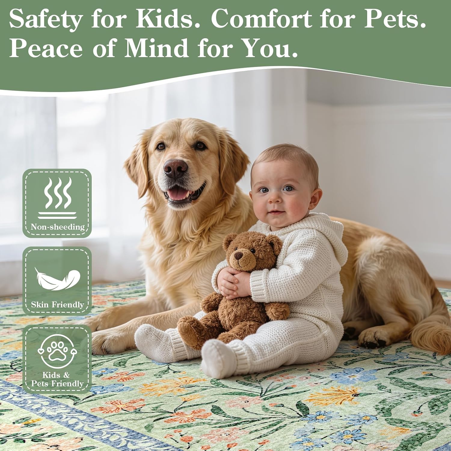 Morebes Washable Area Rugs for Bedroom 9x12, Boho Floral Rugs for Living Room Non Slip, Soft Thin Distressed Cottage Core Carpet for Nursery Girls Room Dinning Room Kids Playroom