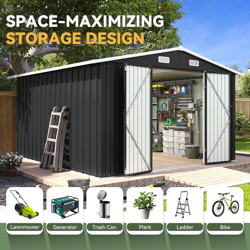 Aoxun 10 x 12FT Outdoor Storage Shed with Double Hinged Large Door Utility Garden Shed with Lockable Door & Sloped Roof Metal Sheds Outdoor Storage for Garden, Backyard, Patio and Backyard, Black