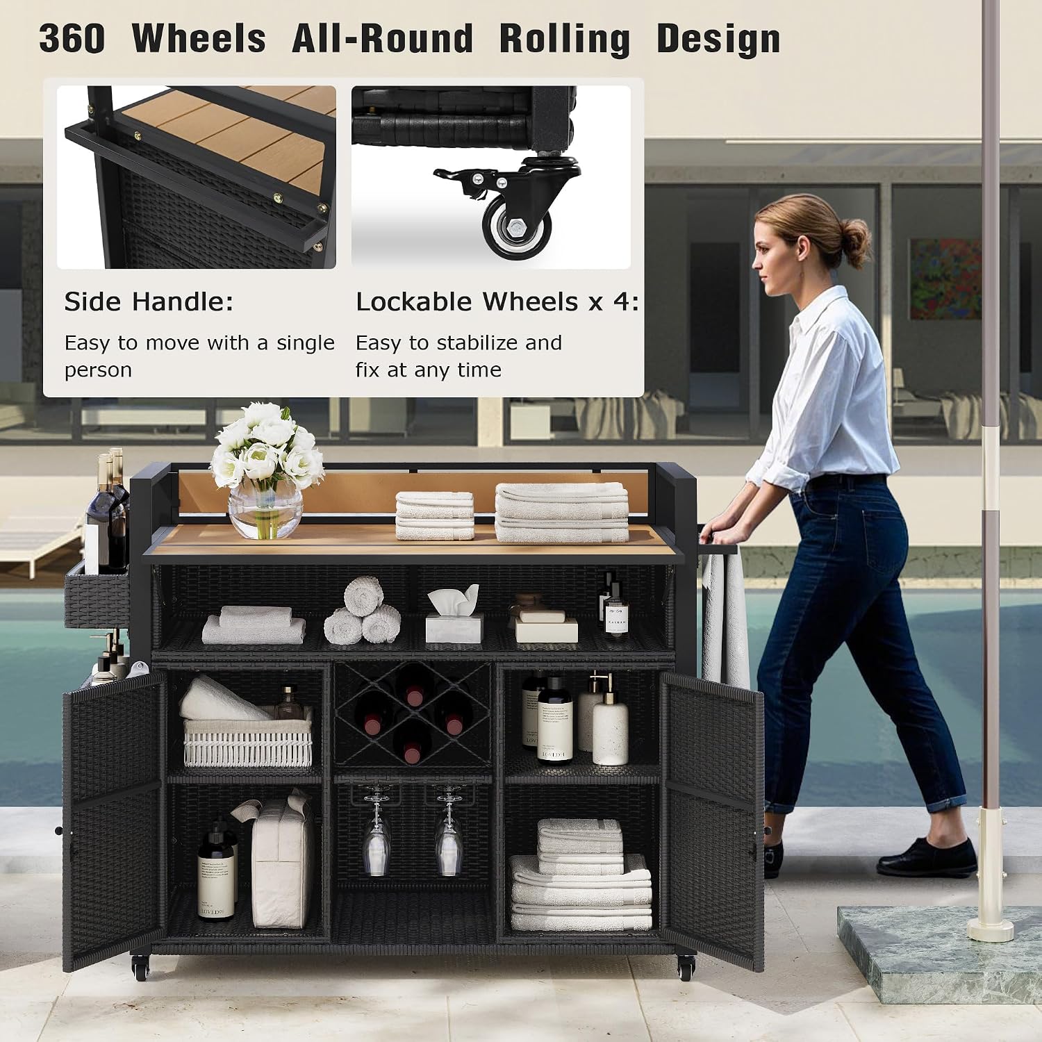 52.8' W Wicker Outdoor Bar Cart Table with Extended Plastic Wood Table Top, Outdoor Grill Cart with Large Storage Cabinet, for Patio Backyard Garden Poolside, Double Handle Design, Black