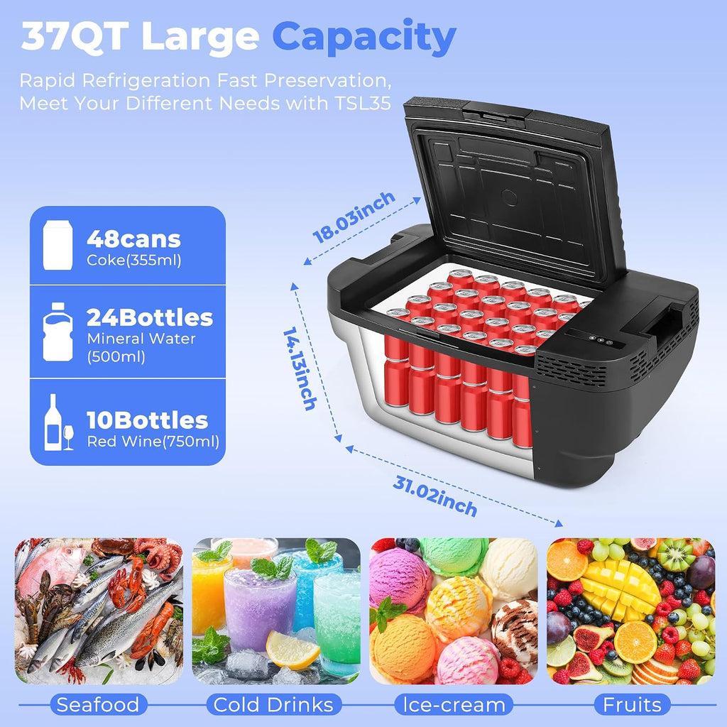 Car Refrigerator for Tesla Model Y, 37QT(35L) -4℉~68℉ Car Fridge 12V Refrigerator for Tesla Model Y Trunk Portable Freezer for Camping Tailgating Road Trip Home 12/24V DC&120~240V AC, App Control