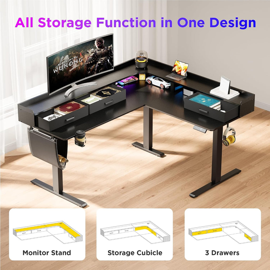WALKINGDESK 63 Inches Height Adjustable L Shaped Standing Desk with 3 Drawers and Monitor Shelf, Electric Corner Comupter Desk, Sit Stand up Home Office Desk, Ergonomic Gaming Desk, Black