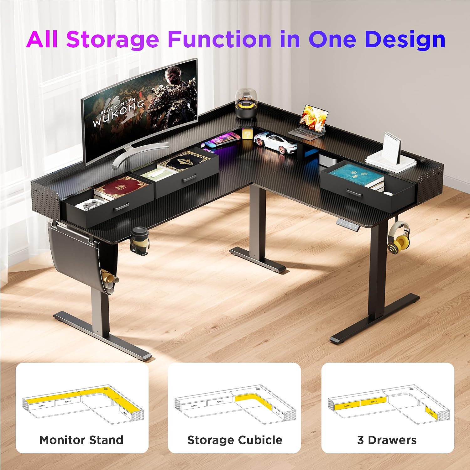 WALKINGDESK 63 Inches Height Adjustable L Shaped Standing Desk with 3 Drawers and Monitor Shelf, Electric Corner Comupter Desk, Sit Stand up Home Office Desk, Ergonomic Gaming Desk, Black