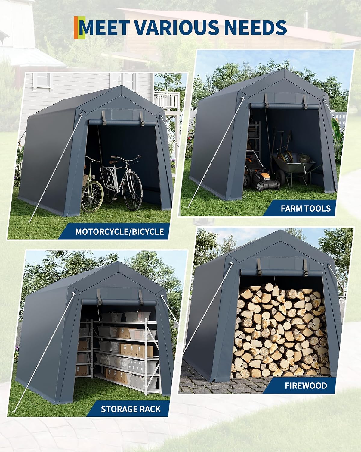 GarveeHome 6x6 FT Portable Outdoor Storage Shed with Roll-Up Zipper Door & Vent, 240G Heavy-Duty Shelter Waterproof PE Tarp, UV-Resistant Carport for Motorcycle, Firewood, Tools -Gray (Gray, 6x8)