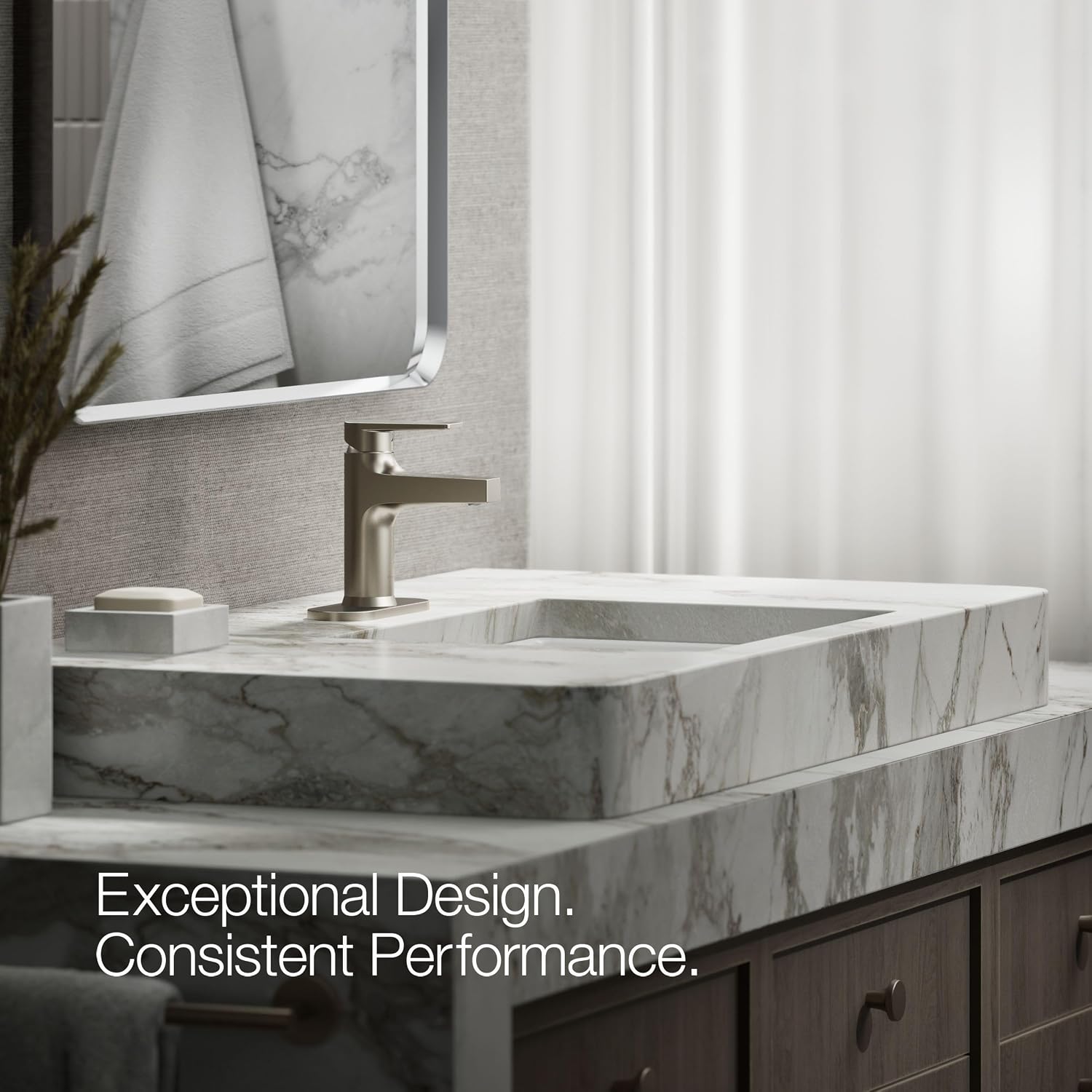 KOHLER K-74021-4-BN Taut® Single-Handle Bathroom Sink Faucet, 1.2 GPM, Minimalist Design, Corrosion Resistant, Vibrant Brushed Nickel