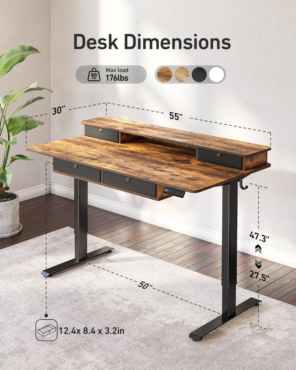FEZIBO 55 x 30 inch Standing Desk with Drawers, Height Adjustable Electric Workstation, Computer Sit Stand Up Table with Large Storage Shelf 4 Drawers and 2 Hooks, Rustic Brown