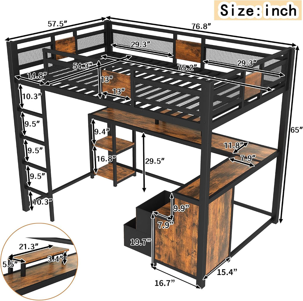 Bellemave Full Loft Bed with L-Shaped Desk and Storage Drawers, Full Size Loft Bed Frame with Computer Monitor Stand, Corner Shelf and Hanger Rod, Adults Loft Beds Nosie-Free, Black