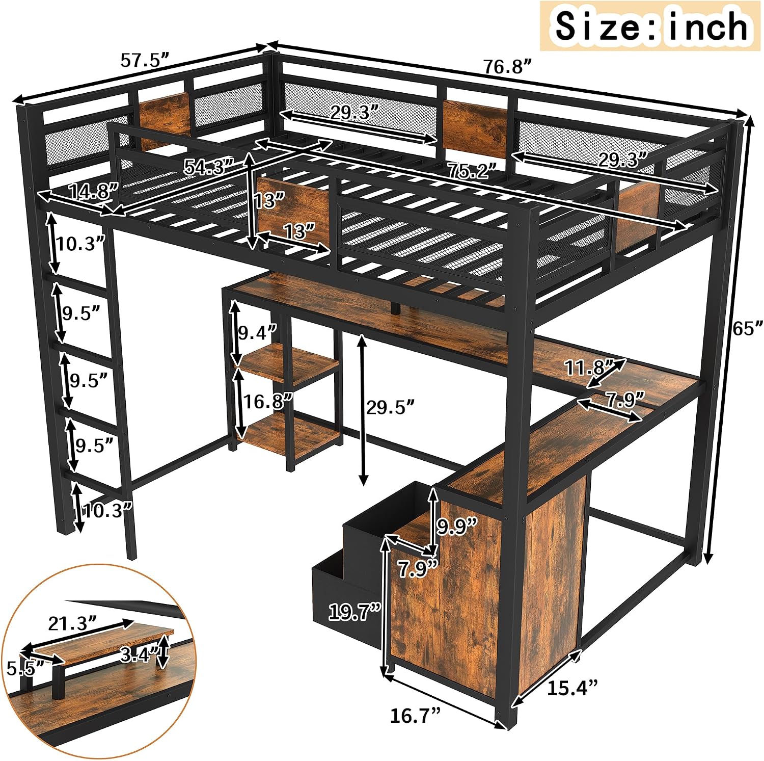 Bellemave Full Loft Bed with L-Shaped Desk and Storage Drawers, Full Size Loft Bed Frame with Computer Monitor Stand, Corner Shelf and Hanger Rod, Adults Loft Beds Nosie-Free, Black