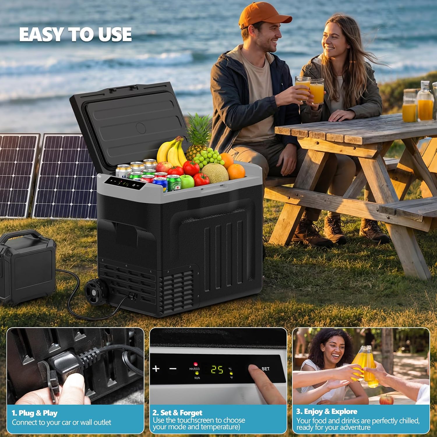Kndko 12 Volt Car Refrigerator, 42 Quart Dual-Zone Portable Electric Cooler, Large Car Fridge with 12V/24V DC/100-240V AC Charger, -4℉~68℉, 12v Cooler with Wheels& Baskets for Road Trip, Camping